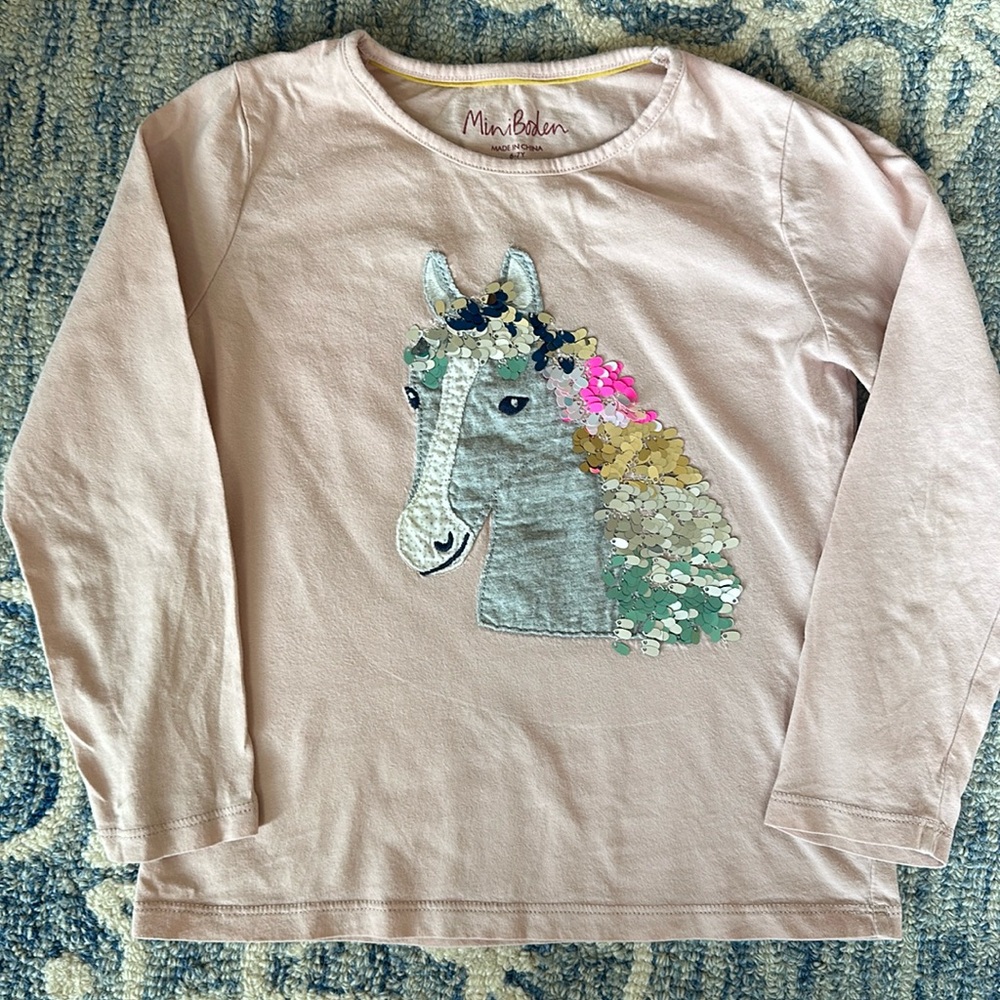 Mini Boden flip sequence horse long sleeve t-shirt size 6/7
